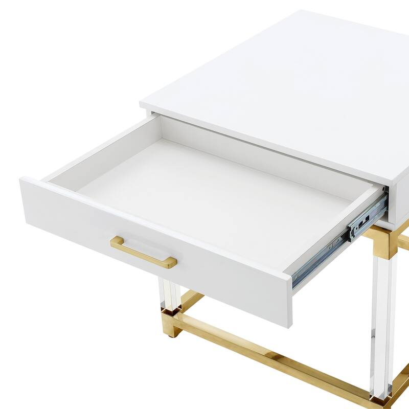 HomeRoots 24" White and Gold Wood Acrylic and Stainless Steel Square End Table With Drawer - 24' X '24' X '24