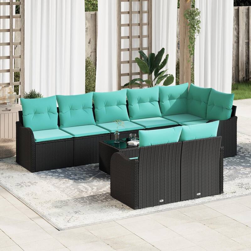 vidaXL 8 Garden Sofa Set with Cushions Black Poly Rattan - 113.2 x 48.2 x 27.2 - Black with table