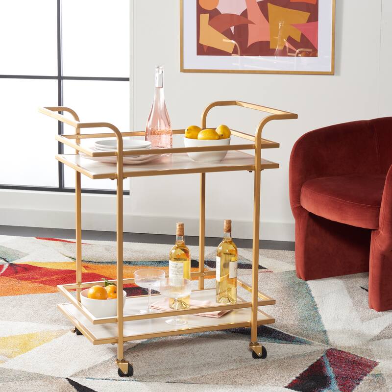 SAFAVIEH Home Collection Lameris 2 Tier Bar Cart With Handles - 30" L x 18" W x 33" H - Matte Gold/Grey