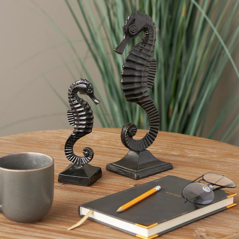 Black Aluminum Metal Sea Horse Decorative Sculpture with Square Bases (Set of 2) - Black