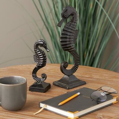 Black Aluminum Metal Sea Horse Decorative Sculpture with Square Bases (Set of 2)