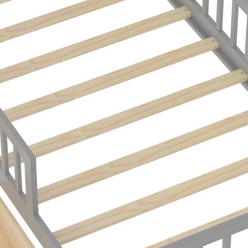 Bed with Headboard Storage Rack, Two Under-Bed Drawers, Three-Side Guardrails for Safety and Security