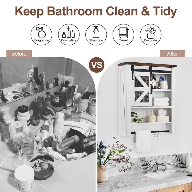 Bathroom Organizer Cabinet with Towels Bar & Hooks & Sliding Barn Door