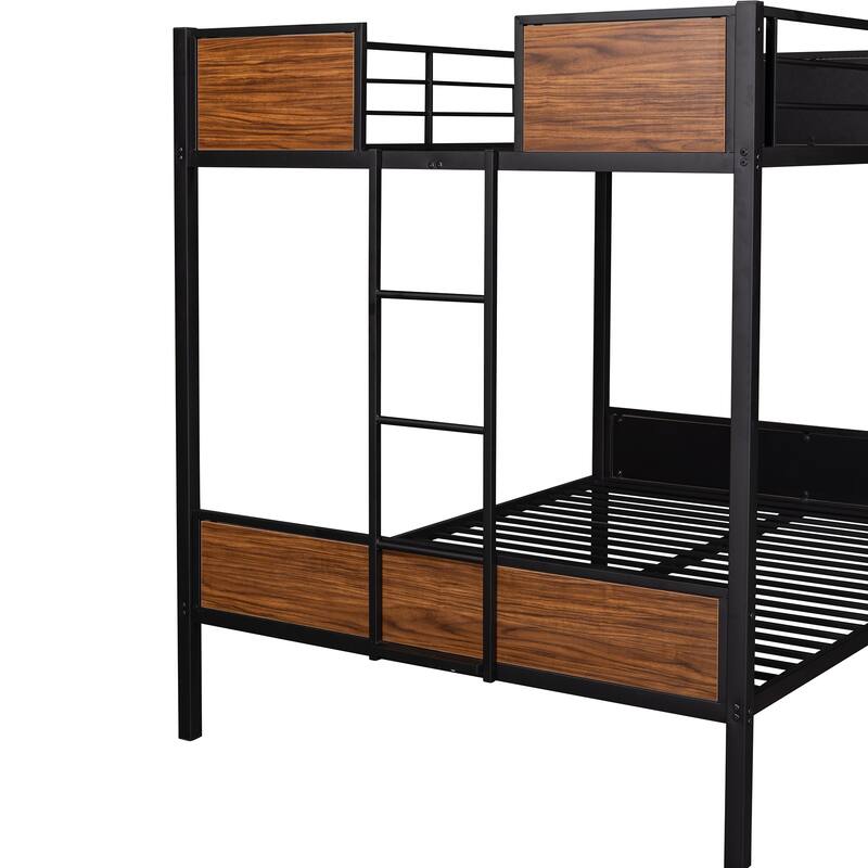 Brown Full over Full Size Metal Bunk Bed Modern Style Steel Frame with Safety Rail, Built-in Ladder