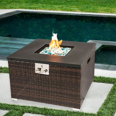 32'' Propane Fire Pit Table, Steel Tabletop, Glass Rocks&Lid&Cover - 32" - 32”