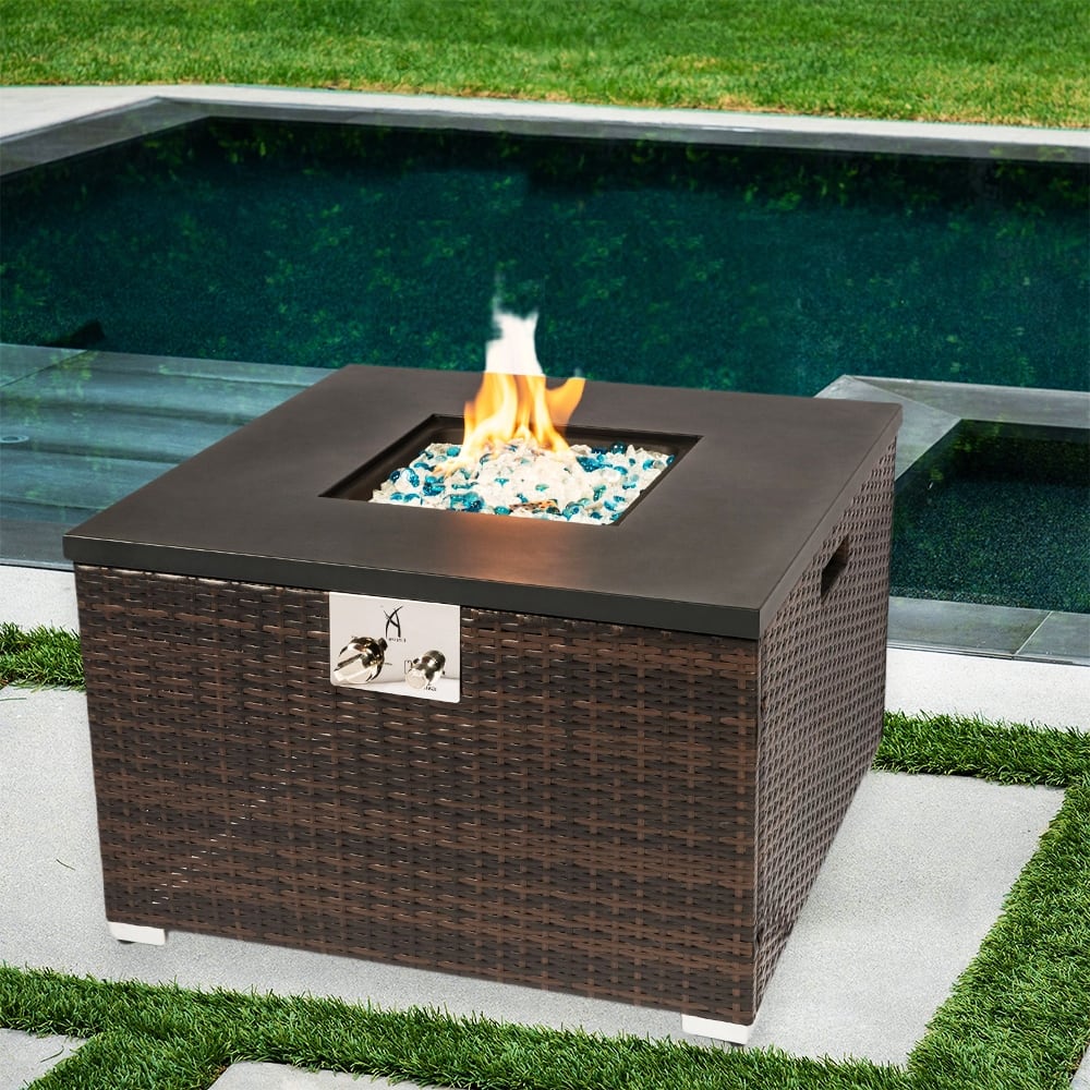 32'' Propane Fire Pit Table, Steel Tabletop, Glass Rocks&Lid&Cover - 32" - 32”