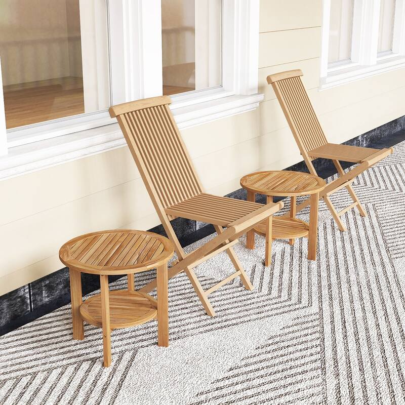 Gymax Teak Wood 2-Tier Side Table 19.5'' Round Coffee Table End Table