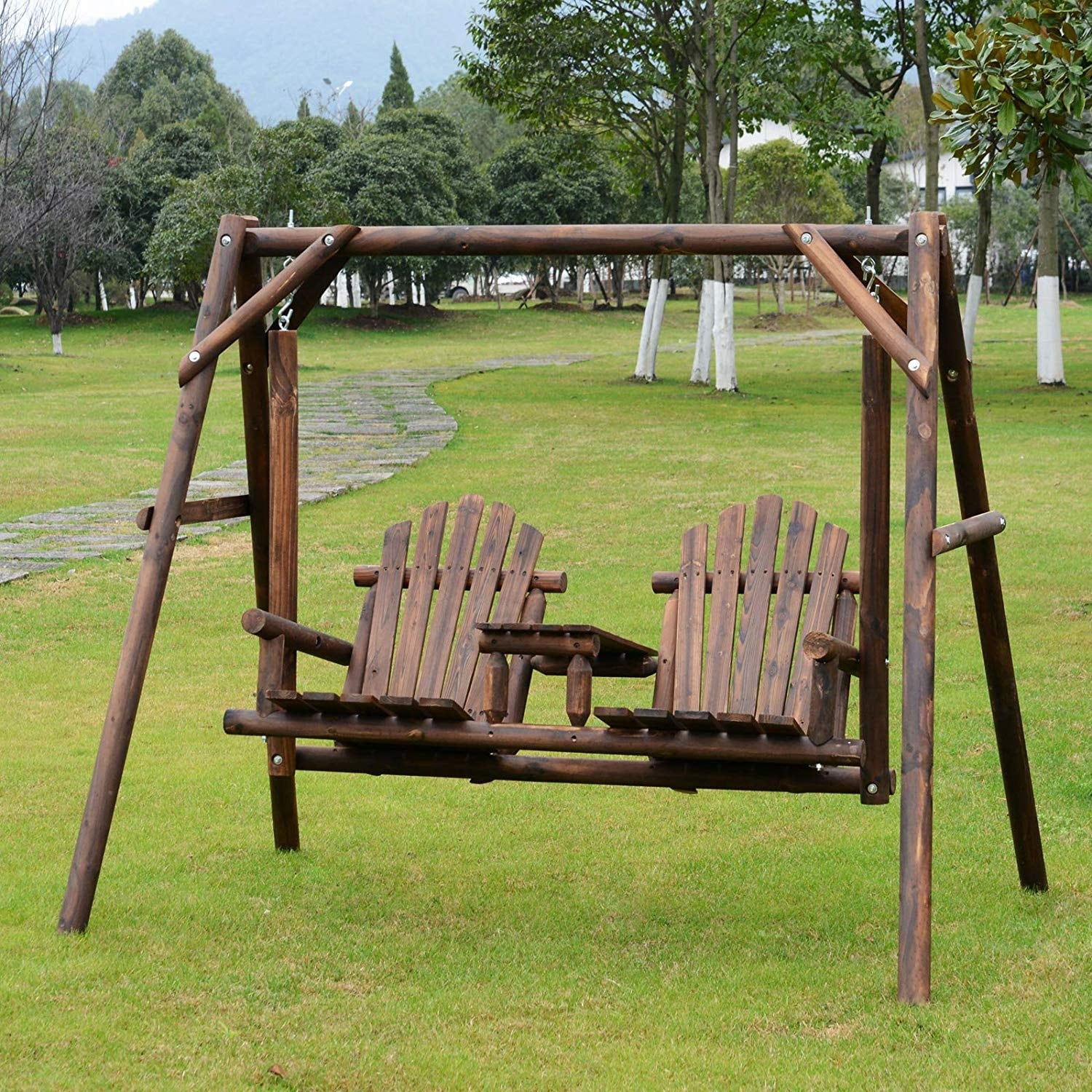Outsunny Outdoor Adirondack Chair 2 Seat Freestanding Solid Wood Rustic Log Swing