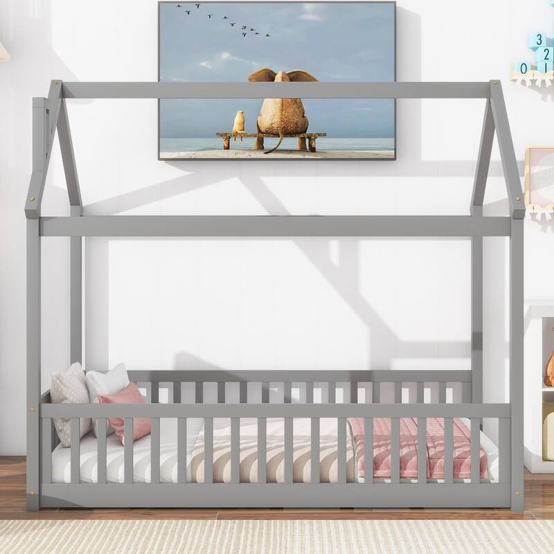 GDFStudio - Harrison American-Style Pine Twin Bed with House Design and Guardrails