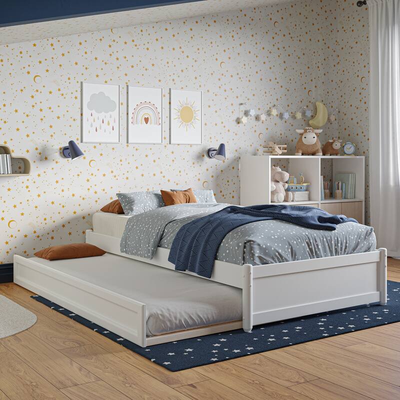 Barcelona Panel Platform Bed with Twin Trundle - White - Twin