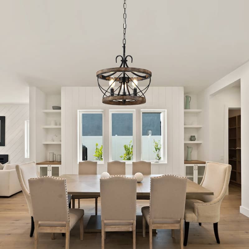 Oaks Aura 5-Light Farmhouse Wood Chandelier, Drum Chandelier for Dining Room Height Adjustable