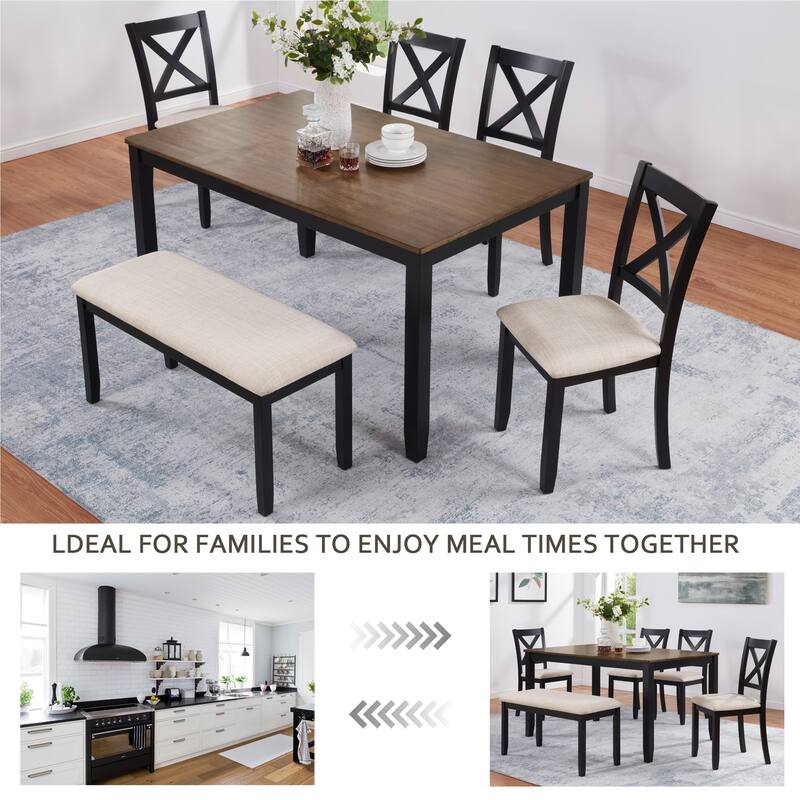 6-Piece Dining Table Set with Bench, Classic Wooden Dining Table Set for 6, Timeless Farmhouse 6-Person Dining Table Set