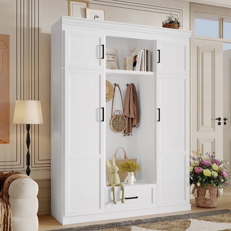 85 Inch Tall MDF Hall Tree with Bench, Entryway Storage Organizer with 4 Doors, 5 Drawers and Adjustable Shelves