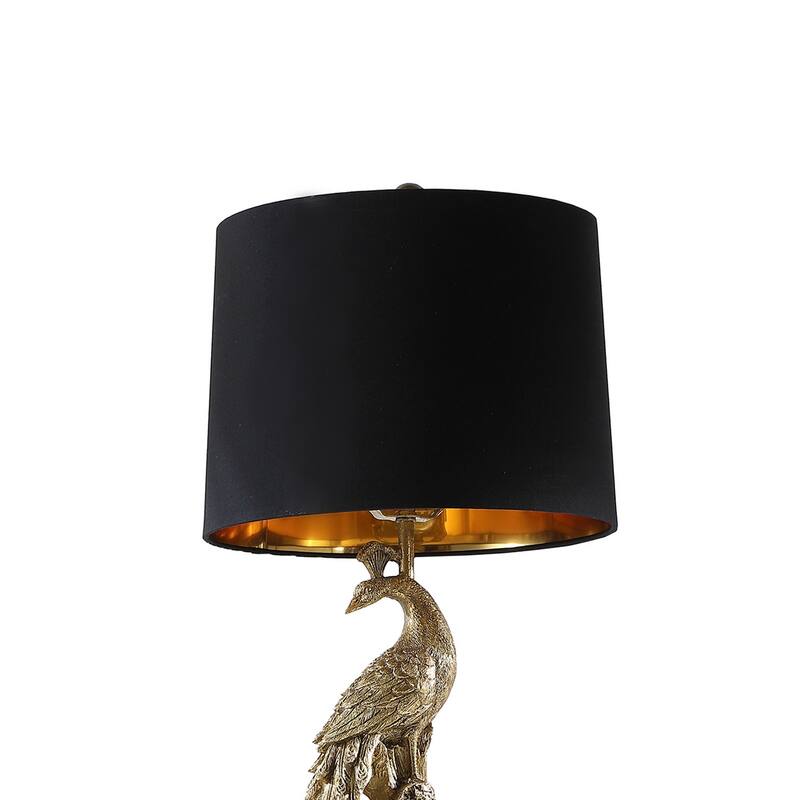 29 Inch Peacock Table Lamp, Gold Polyresin Sculpture, Black Drum Shade