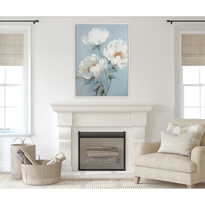 Sylvie Beaded White Peonies Framed Canvas by Creative Bunch Studio