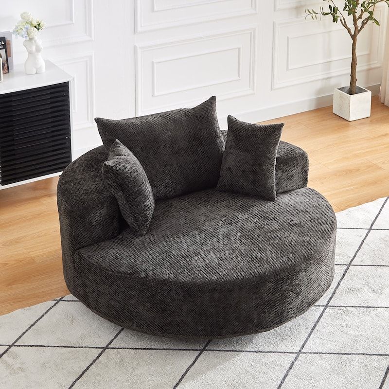 Oversized Swivel Barrel Chair, Chenille Upholstered Round Armchair, Single Sofa Chair with Headrest & 3 Cozy Pillows