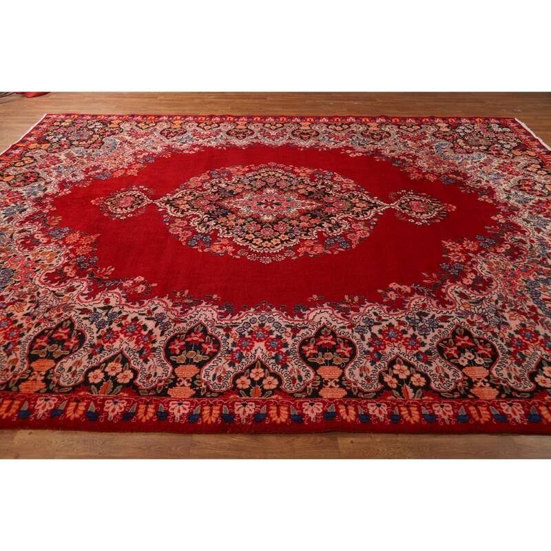 Red Medallion Kerman Persian Vintage Area Rug Handmade Wool Carpet - 9'2"x 12'8"