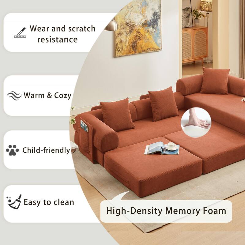 107" Orange Corduroy Modular Sectional Sofa Bed, 7-in-1, No Assembly