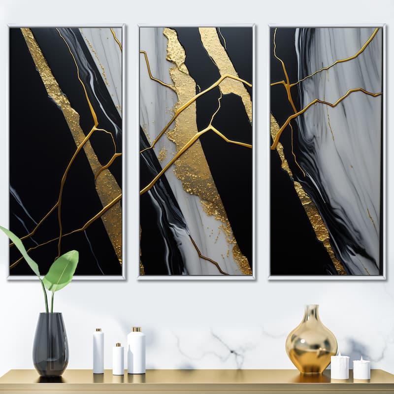 Designart "Abstract Geode Black II" Abstract Marble Framed Canvas Art Print - 3 Panels