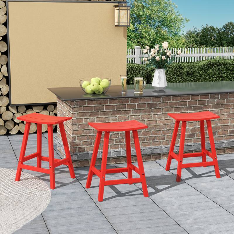 Polytrends Laguna Hdpe All Weather Outdoor Patio 24" Saddle Seat Counter Stool (Set Of 3) - Red
