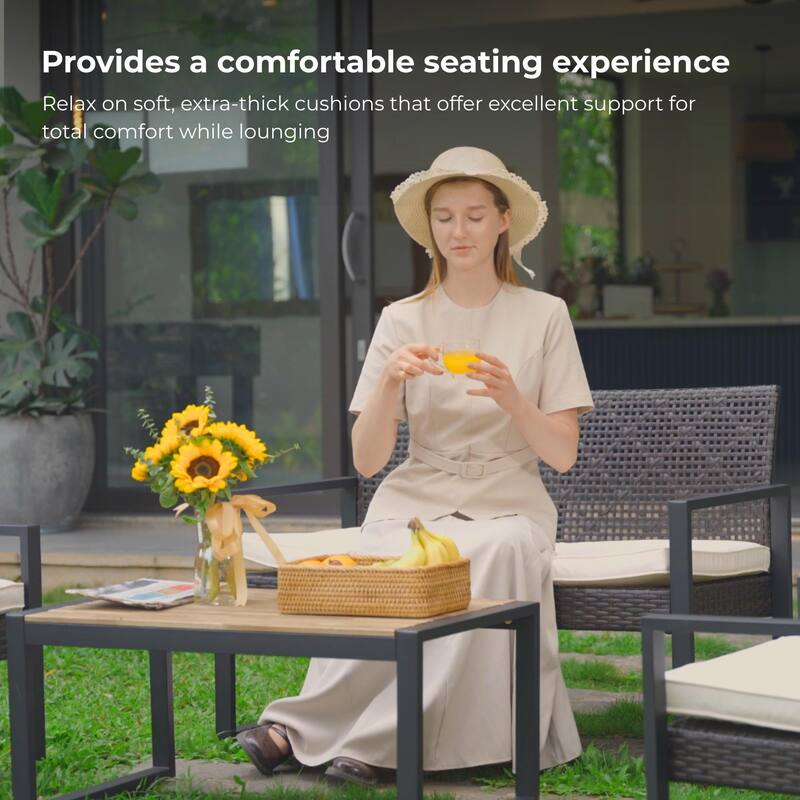 Anmytek Stylish Comfortable 4 Piece Acacia Wood Table Top Patio Furniture Set with Modern Brown Beige Cushions