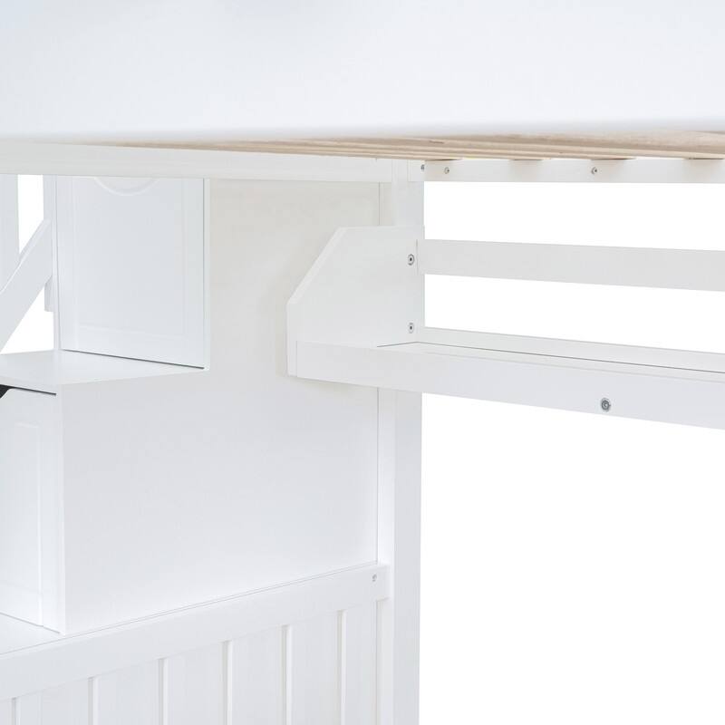 Full-Over-Full Castle Style Bunk Bed with 2 Drawers 3 Shelves and Slide