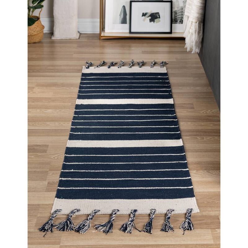 Contemporary Dario Collection Area Rug - Navy-White - 2'7"x10'
