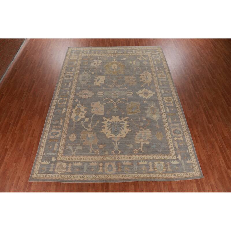 Hand Knotted Oriental 100% Wool Carpet Transitional All-Over Greys & Charcoal Oushak Area Rug - 14' 0'' X 10' 1''