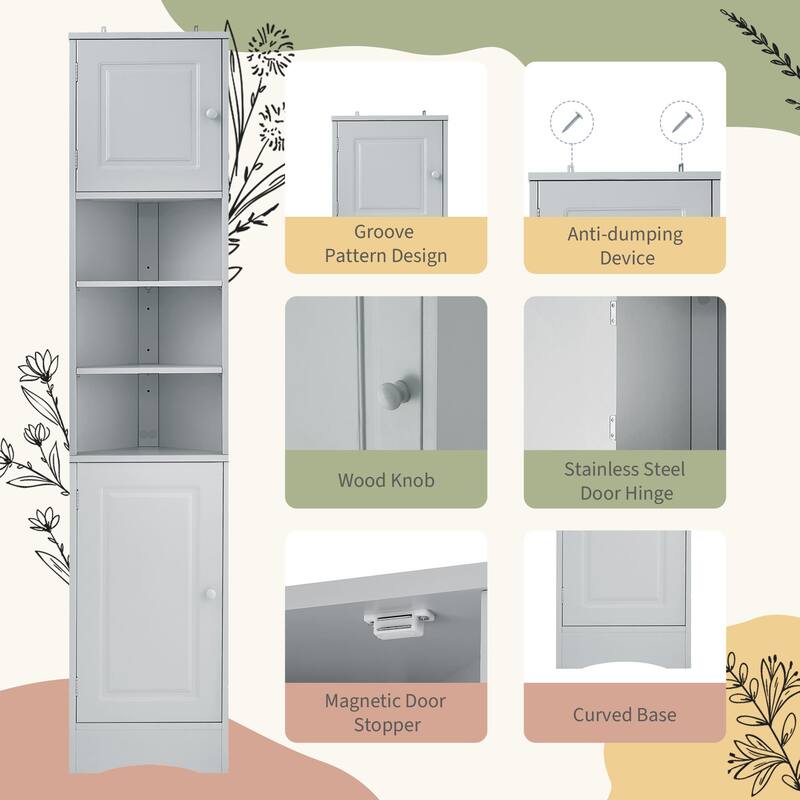 Multi-Functional Corner Cabinet Tall Bathroom Storage Cabinet with Two Doors and Adjustable Shelves, Open Shelf