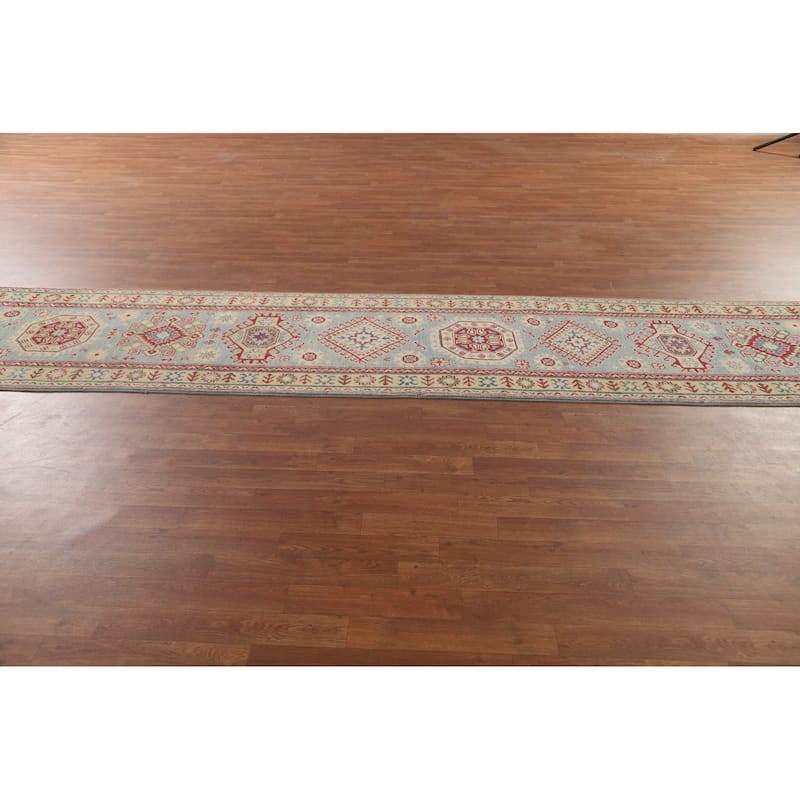 Blue Kazak Runner Rug Handmade Oriental Wool Carpet - 2'8" x 15'8"