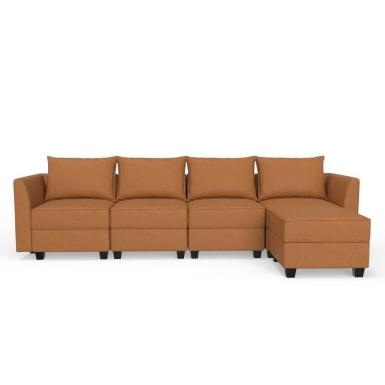 Modern Modular DIY Collection - Sturdy Wooden Frame - Versatile & Stylish Furniture for Living Room Bedroom - 4-Seater with Ottoman, Caramel, Air Leather
