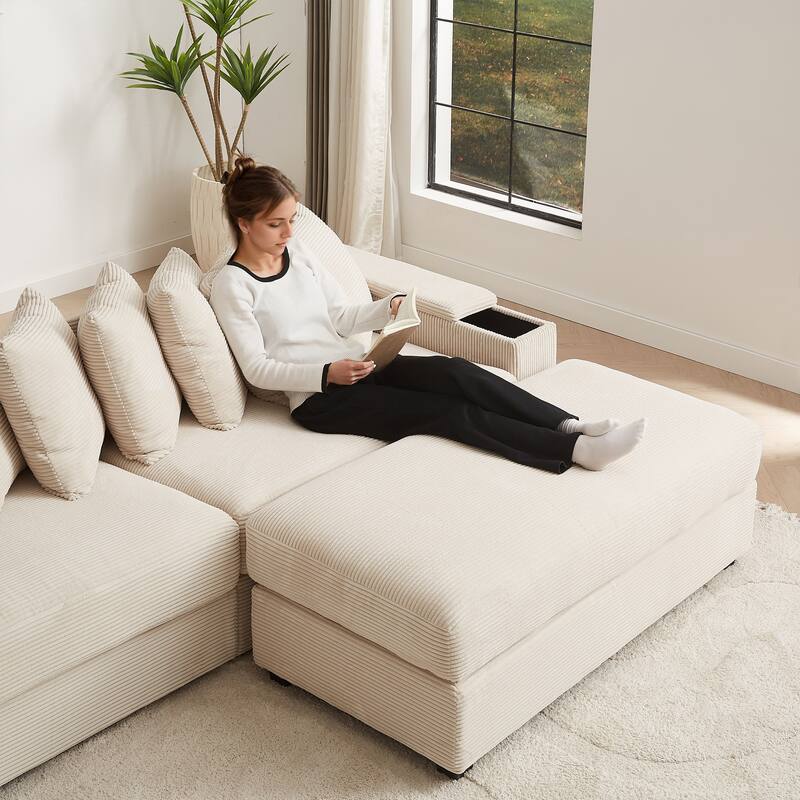 GDFStudio - Peregrine L-Shaped Corduroy Sectional Sofa with Pillows and Armrest Storage
