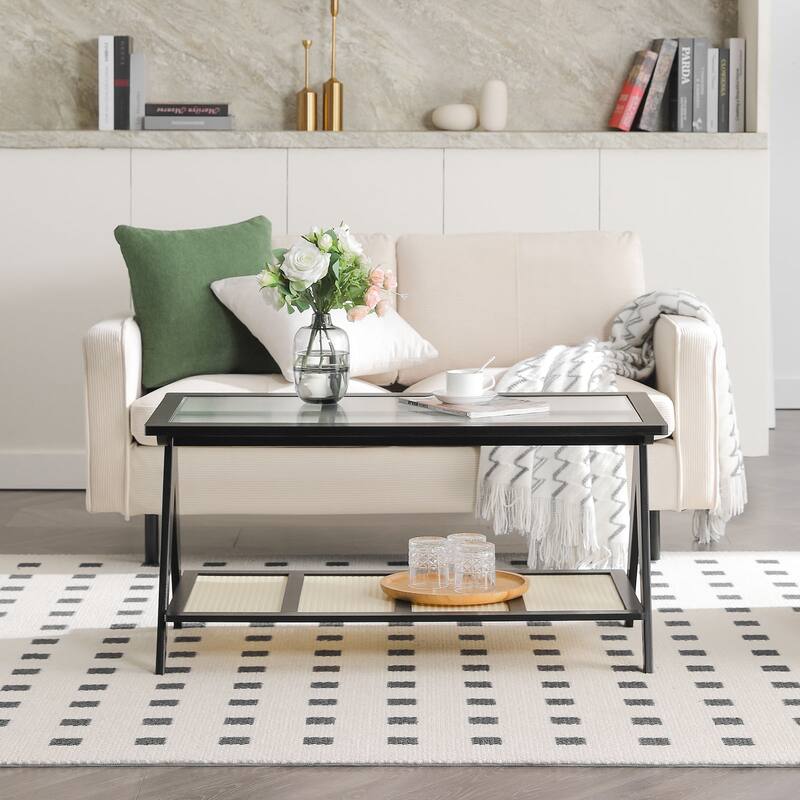 Bamboo Glass Top Side Table Accent End Table with Magazine Rack