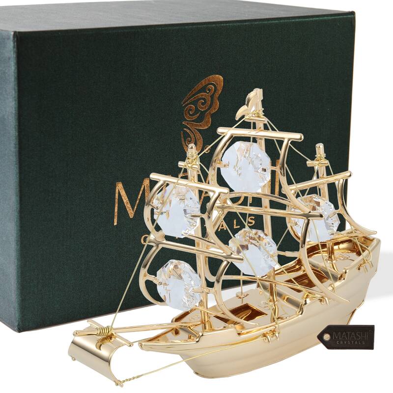 Matashi Home Decorative Tabletop Showpiece 24K Gold Plated Crystal Studded Mayflower Sailing Ship Ornament