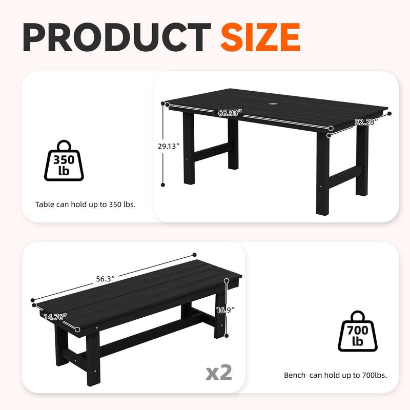 3-Piece HDPE Outdoor Dining Set with Umbrella Hole Table and Two 2-Person Benches