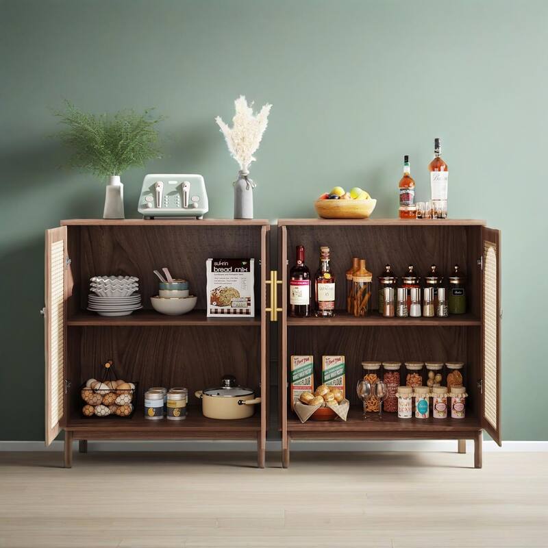 Handcrafted Rattan Storage Cabinet with Solid Wood Legs Multi-Purpose Sideboard Buffet for Kitchen Dining Living Room