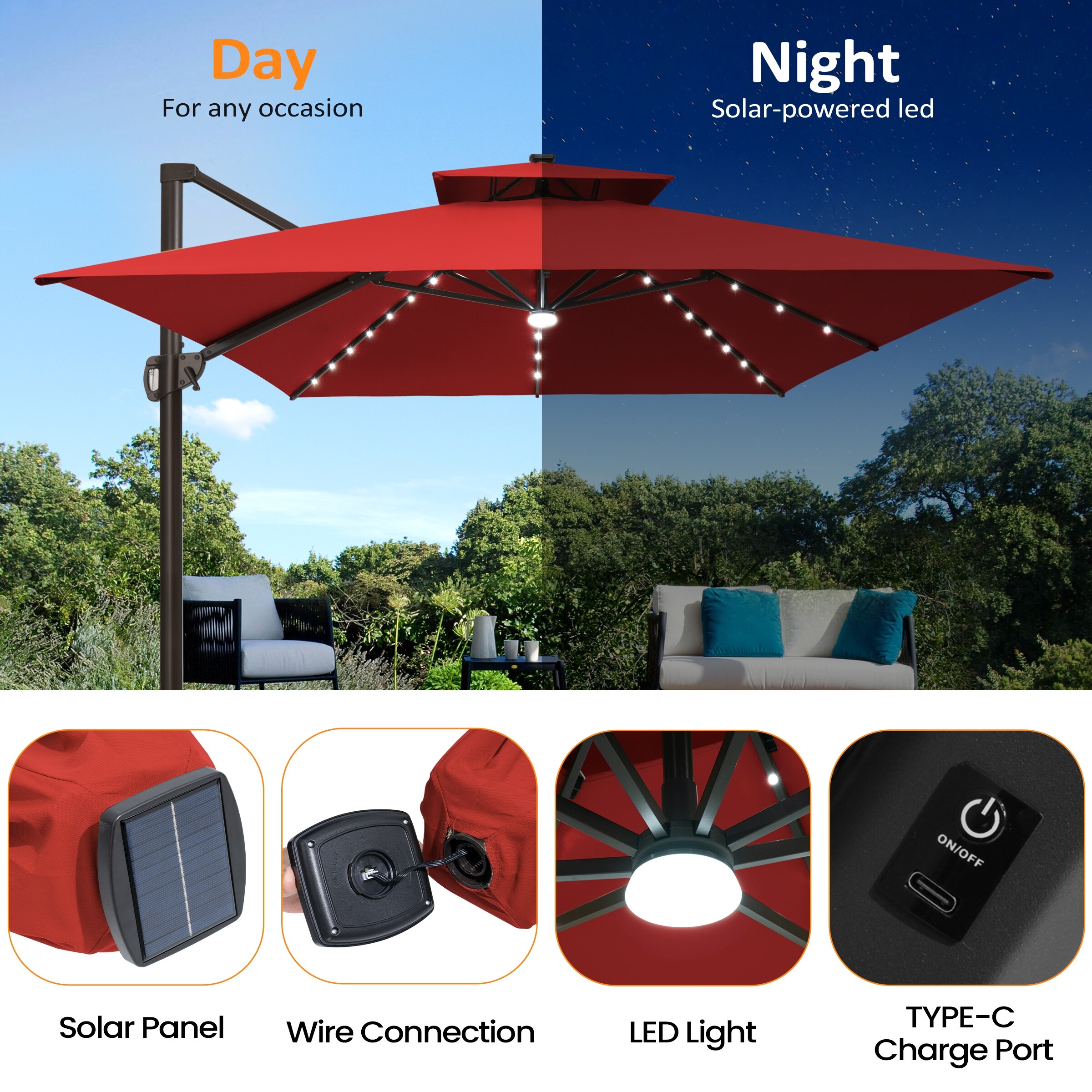 cantilever patio umbrella with solar panel on top HOMSHADE 10FT LED Base Included, Beige This elegant outdoor umbrella revolutionizes patio living with its dual Lucent 10' Cantilever Patio Umbrella