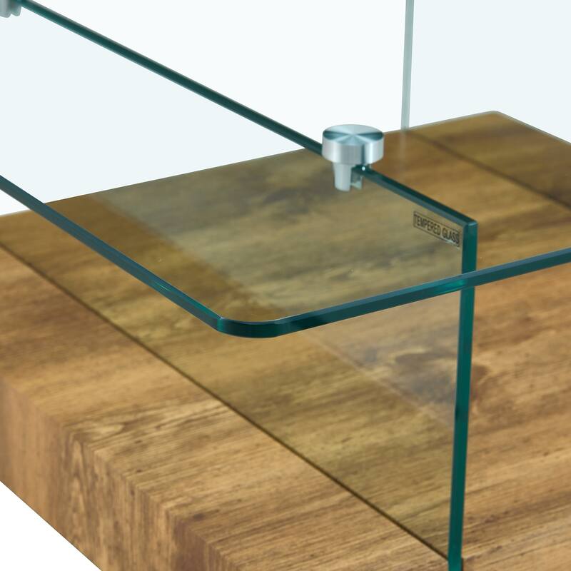 31.4 Inch Modern Two-Tier Square Coffee Table - An Elegant Combination of Clear Glass and Natural Wood Texture Sticker I