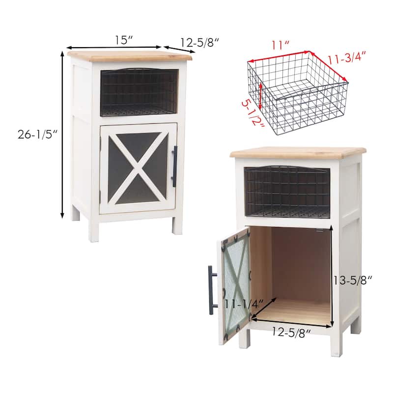 Farmhouse Cabinet Storage with 1 Black Metal Basket and 1 Barn Glass Door, 26.2" H