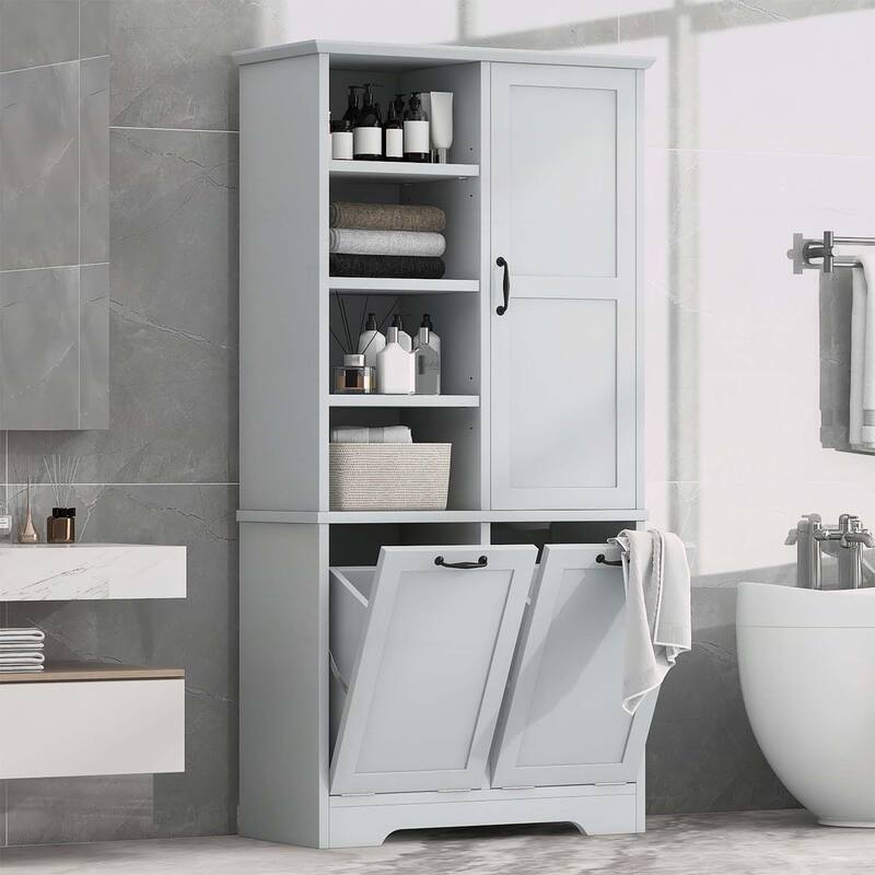 Stylish and Functional Bathroom Storage Cabinet with Doors,Drawers,Tilt-Out Laundry Hamper - Gray