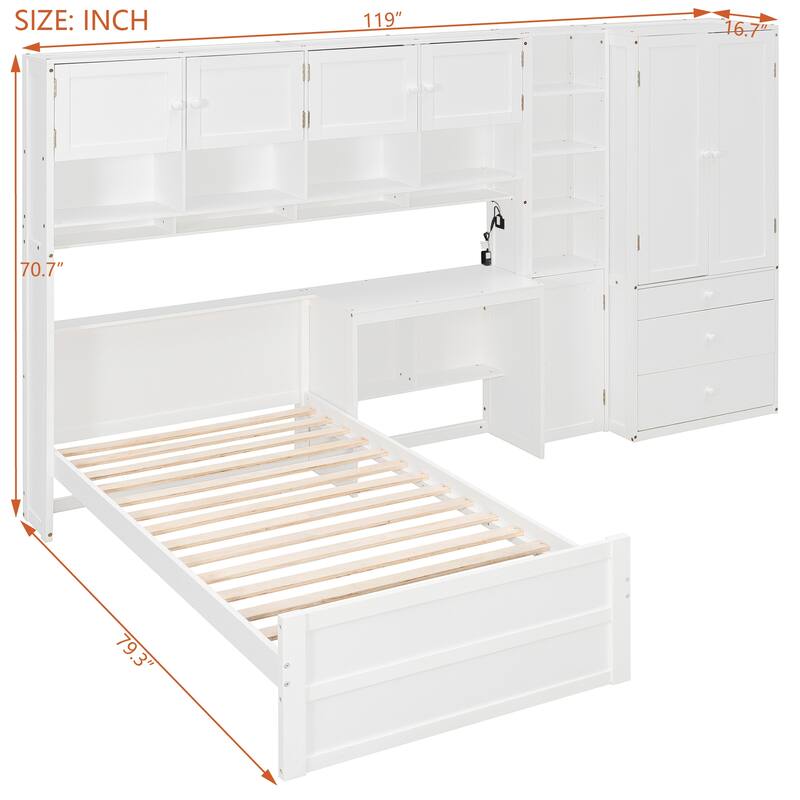 Twin Size Murphy Bed Cabinet Foldable Wall Bed Frame with Storage Wardrobes, Desk & Shelves, Wooden Hidden Platform Bed Chest