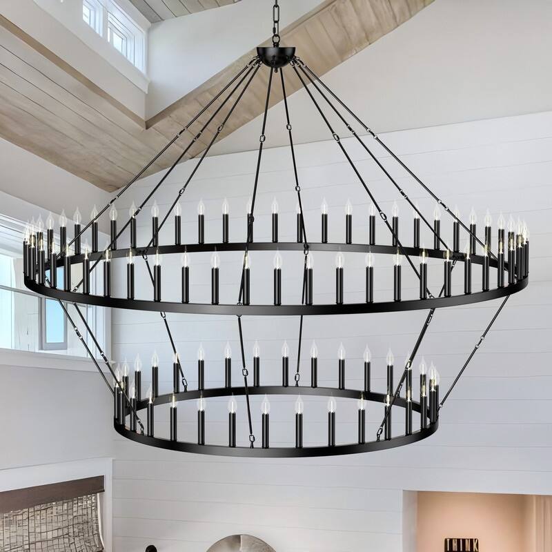 Extra Large Black Wagon Wheel Chandelier - Adjustable Farmhouse Lighting for High Ceilings - 80 Light