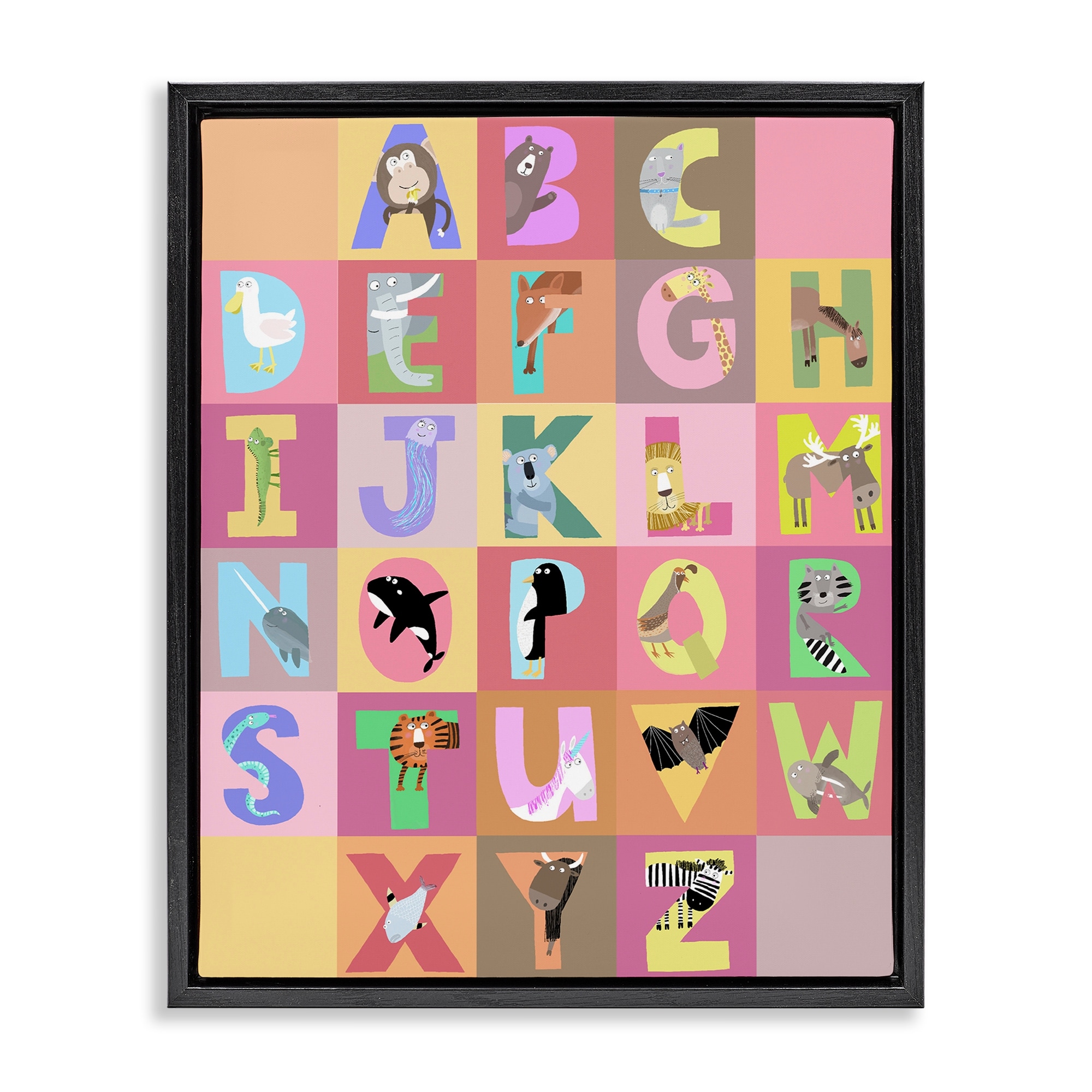 Stupell Animal Alphabet in Pink Framed Floater Canvas Wall Art Design By Carla Daly