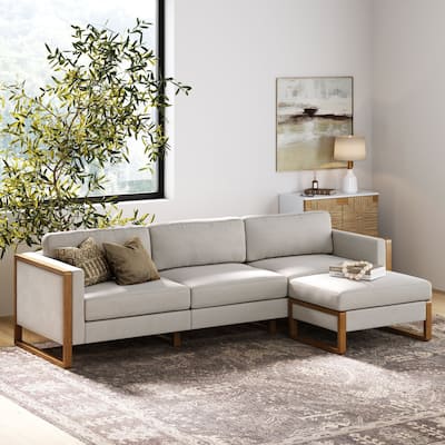 Madison Modern 3-Seater Sofa Set with Storage Ottoman, Upholstered Modular Sofa with Cushion and Solid Wood Legs