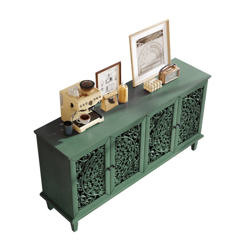 TV Stand Sideboard, Buffet Cabinet with Floral Carvings, Wood Storage Cabinet with Adjustable Shelves
