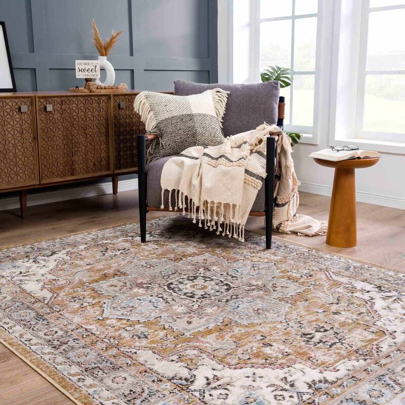 Albie Oriental Persian Medallion Area Rug - 5'3" x 7' - Gold, Beige / Albie