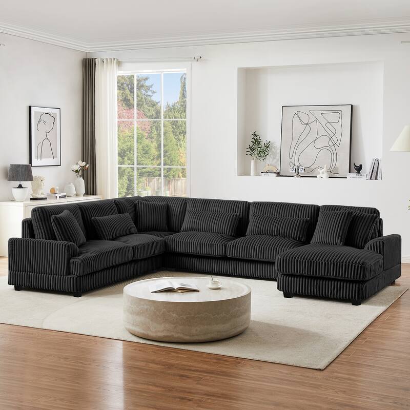 U-Shaped Sectional Sofa with Chaise Lounge, Oversized Corduroy Upholstered Sofa, 5 Seater Sofa with Removable Throw Pillows