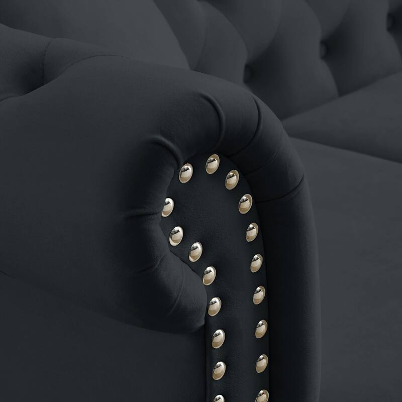 Chesterfield Black Velvet Sofa - 3-Seater Tufted Couch with Rolled Arms and Nailhead Trim, Includes Two Pillows for Living Room