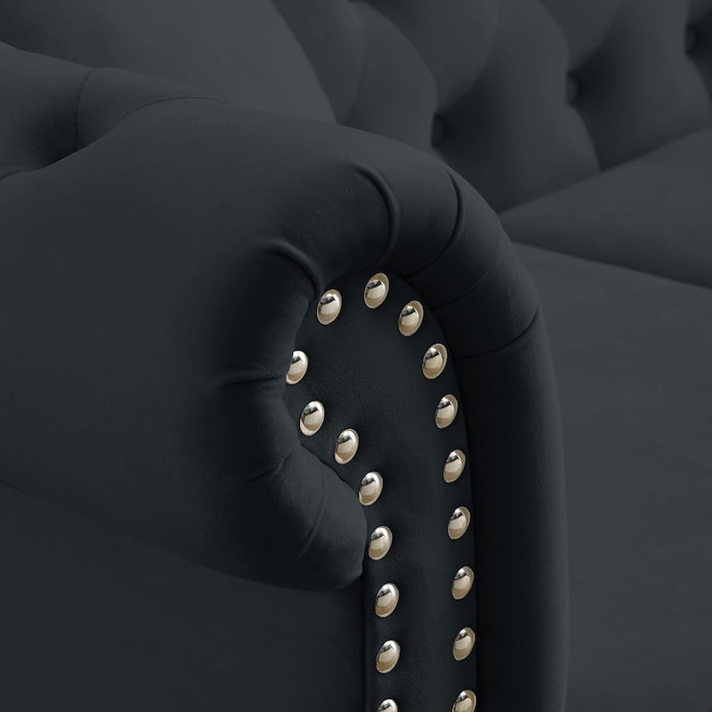 Velvet Upholstered 3 Seater Sofa, Button Tufted Sofa with 2 Pillows, Lounge Sofa with Rolled Arms & Nailhead Trim