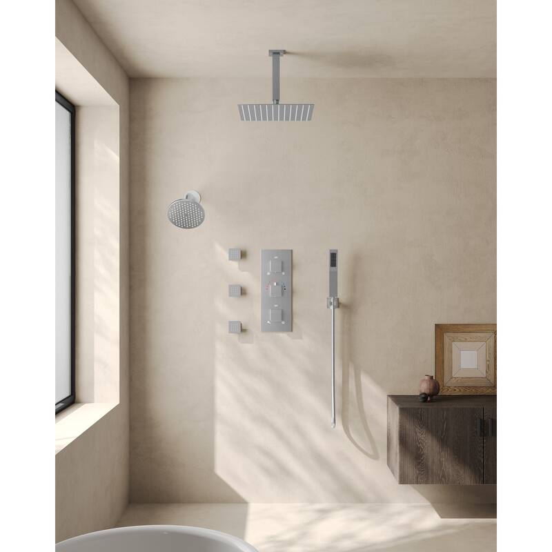 Thermostatic Dual Heads 12" Multi-Function Shower System with 3 Body Sprays